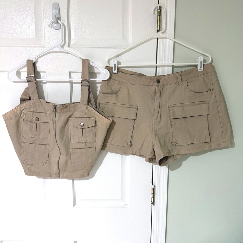 Rachel Paige Tan Khaki Utility Cargo 2 Piece Set Crop Top and Shorts XL